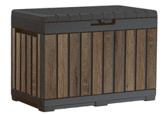 Keter Everwood front view showing wood-look finish and compact storage benefit