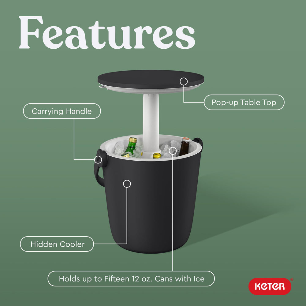 Keter Go Bar opened to show hidden cooler holding cans and ice for chilled drinks