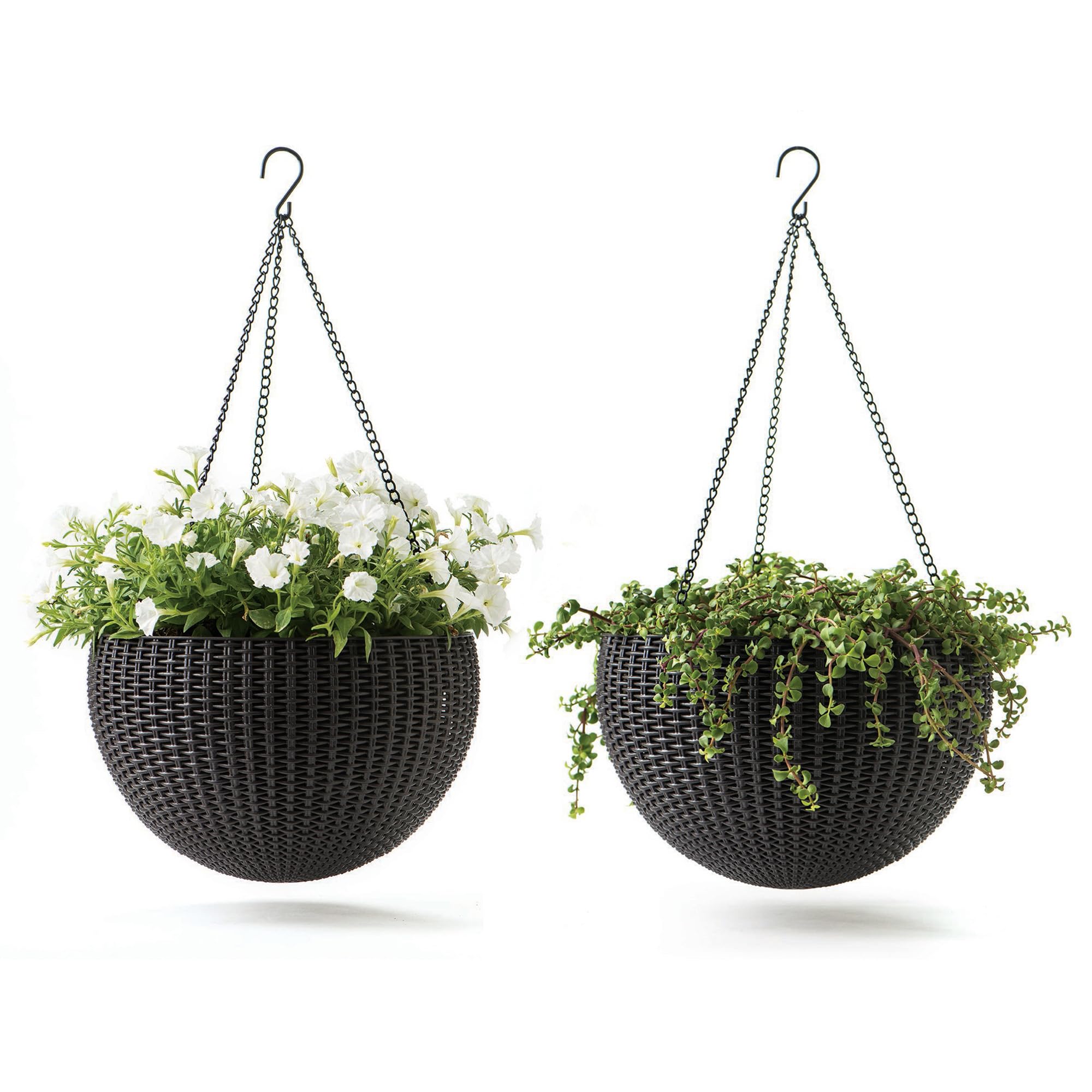Keter graphite front view hanging planter showing woven look and durable finish