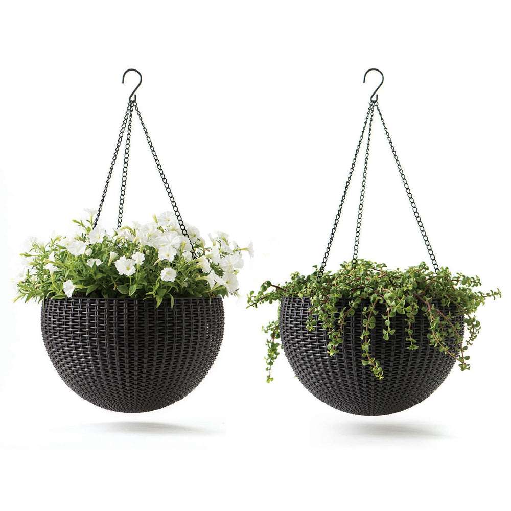 Keter graphite front view hanging planter showing woven look and durable finish