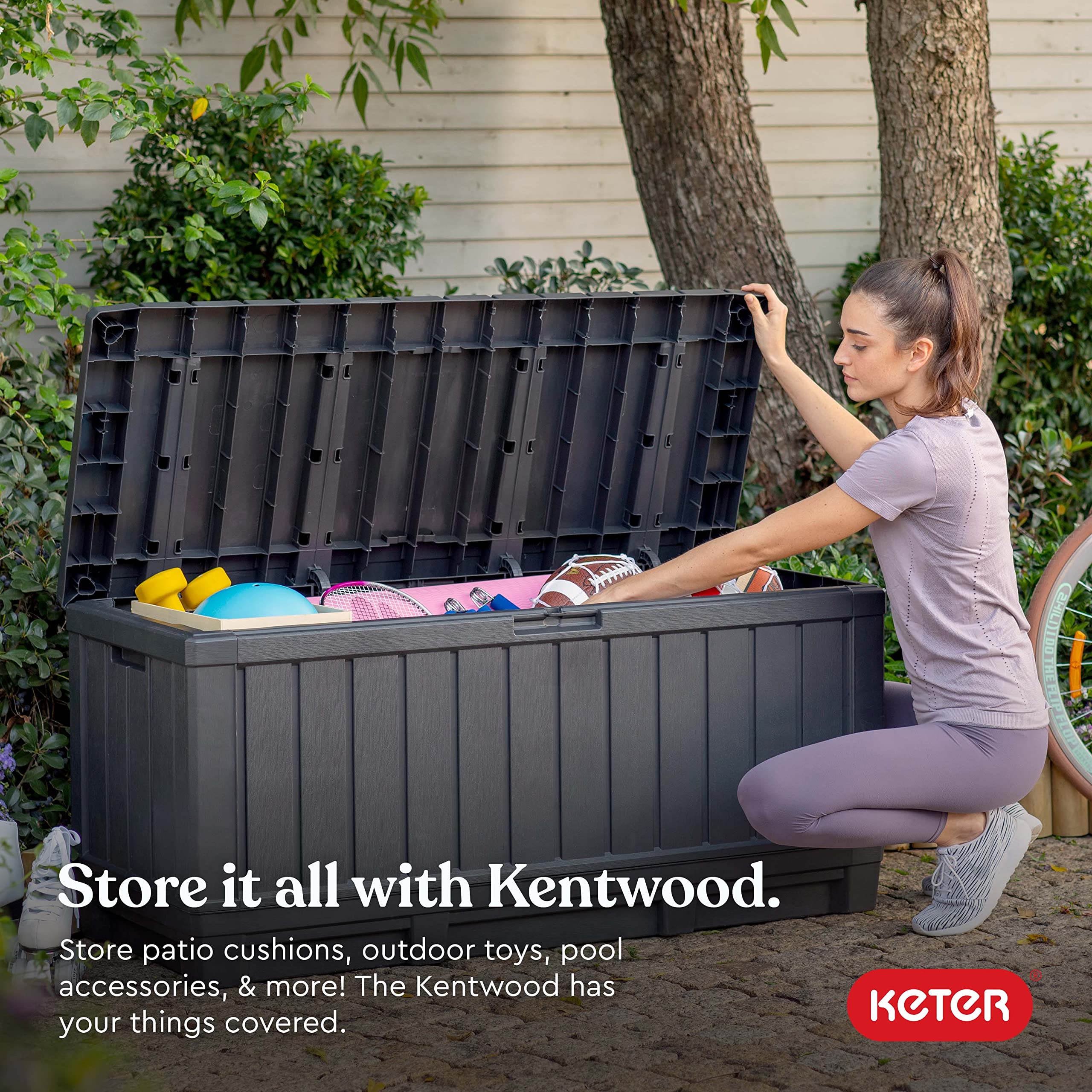 Keter Kentwood open lid revealing roomy interior for organized storage benefit