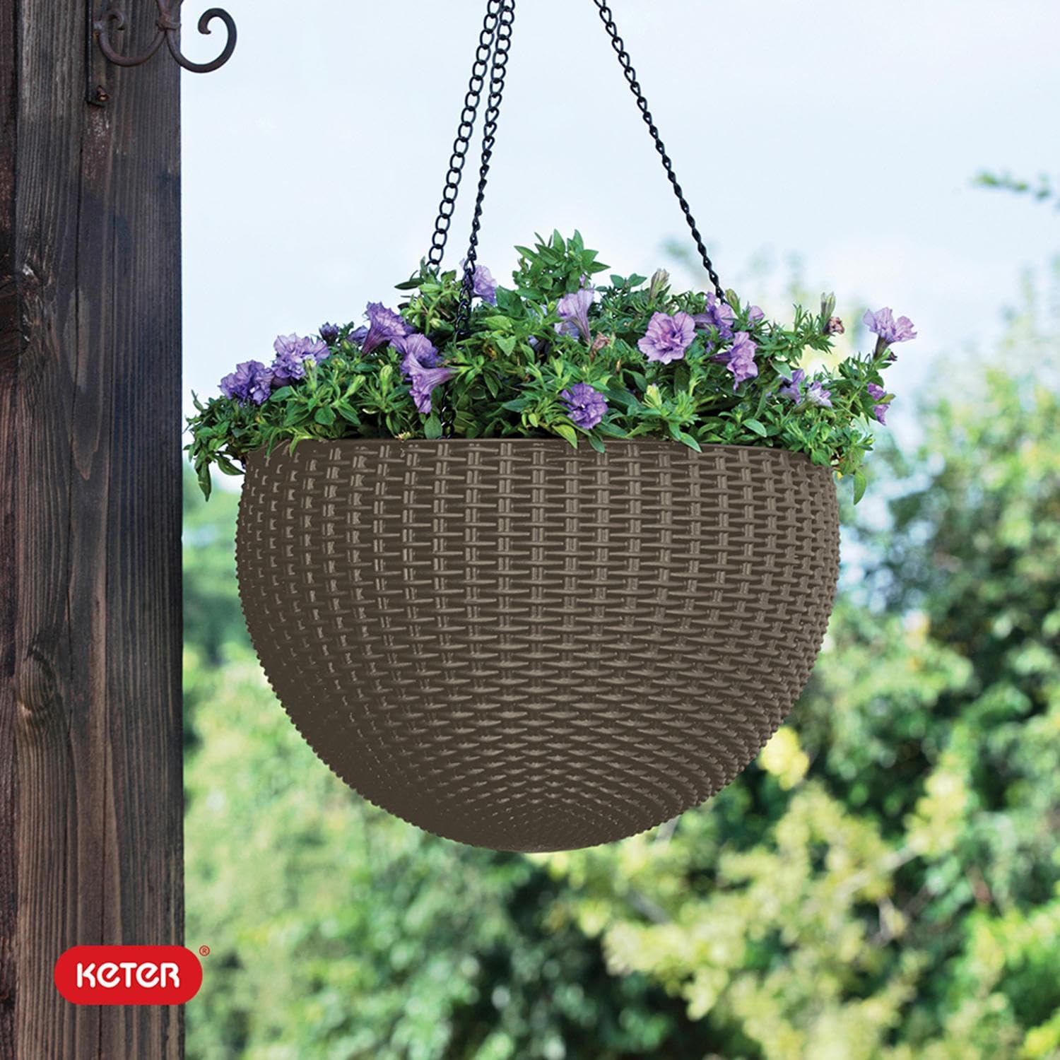 Keter lifestyle porch scene with two hanging baskets adding curb appeal and charm