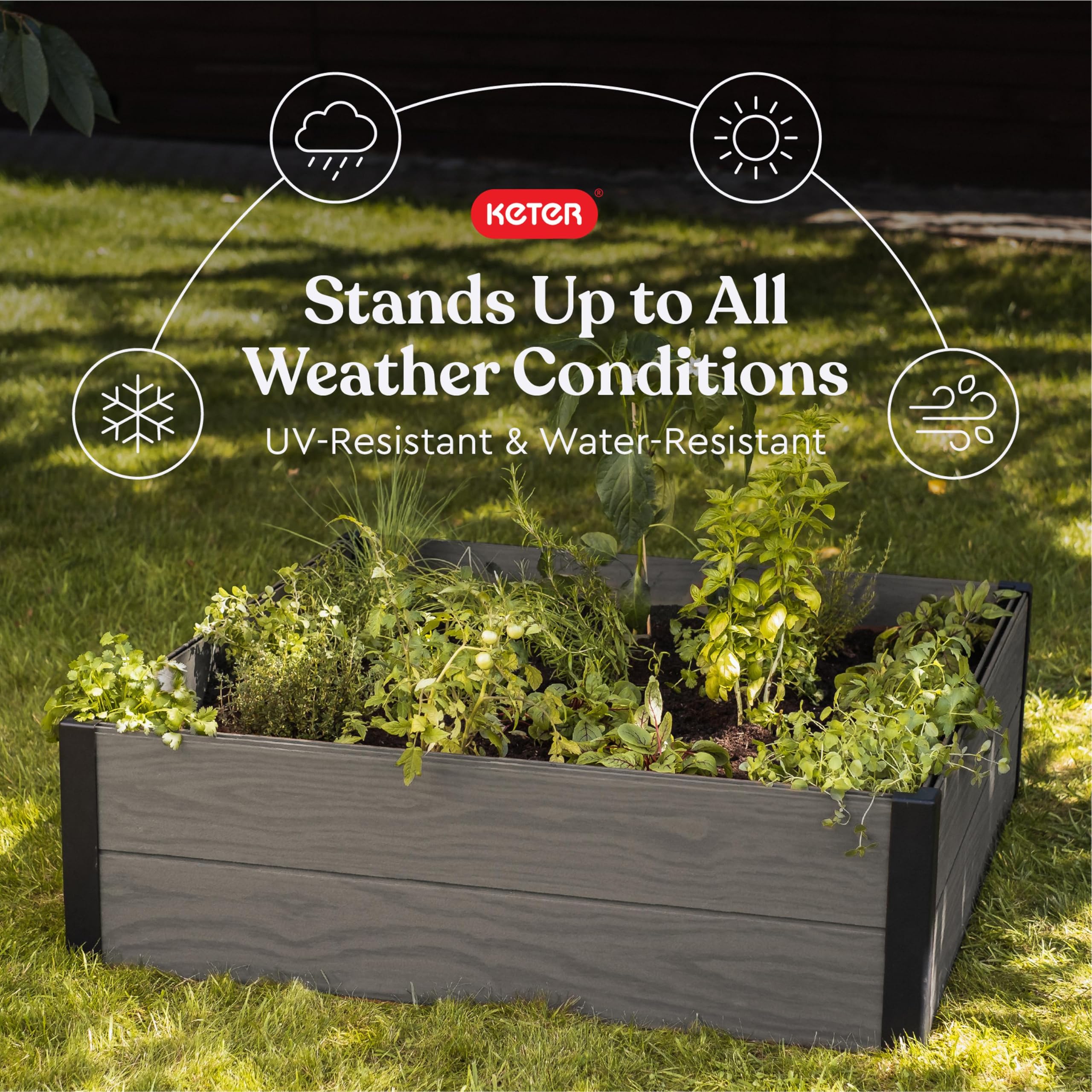 Keter filled with soil ready to plant, illustrating easy fill and planting convenience