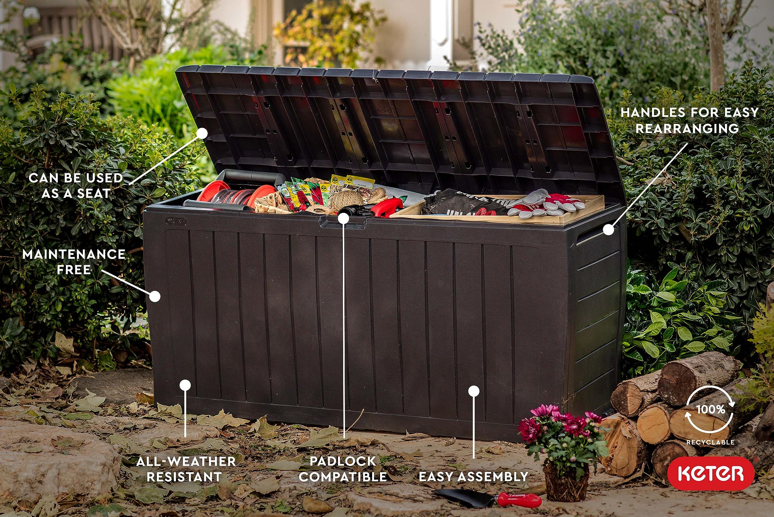 Keter open lid revealing roomy 71‑gallon interior for cushions
