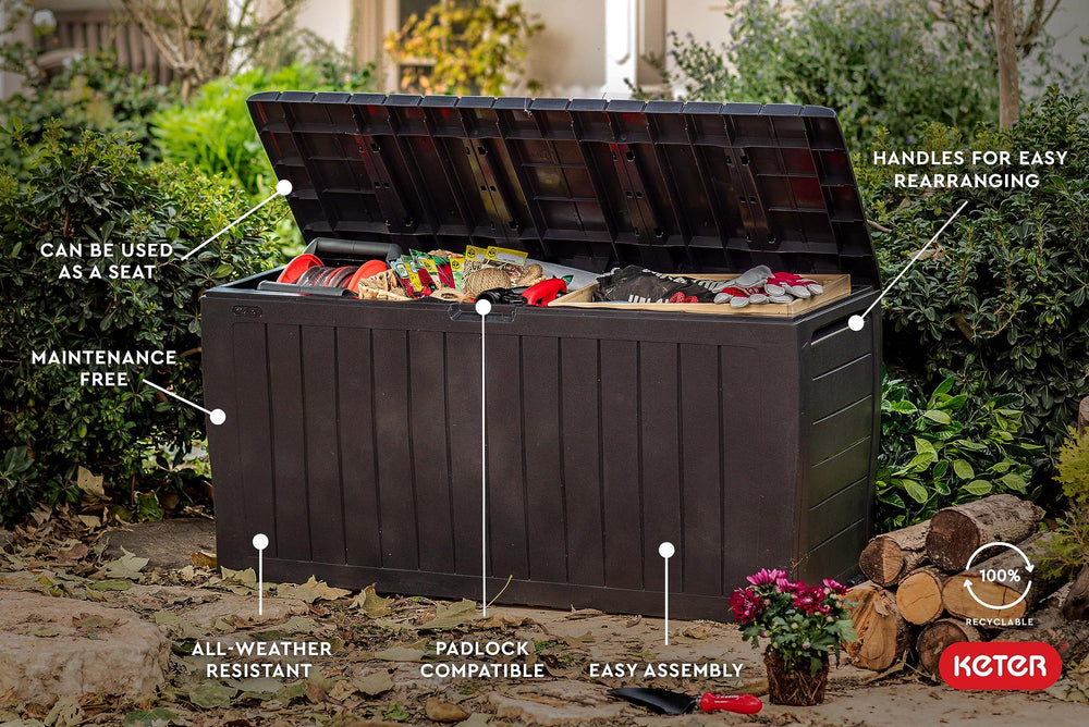 Keter open lid revealing roomy 71‑gallon interior for cushions