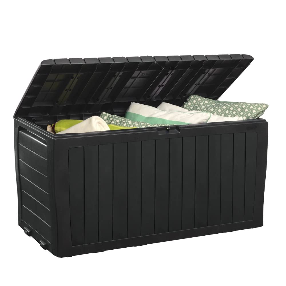 Keter Marvel Plus front view showing dark grey weatherproof storage and decorative panels