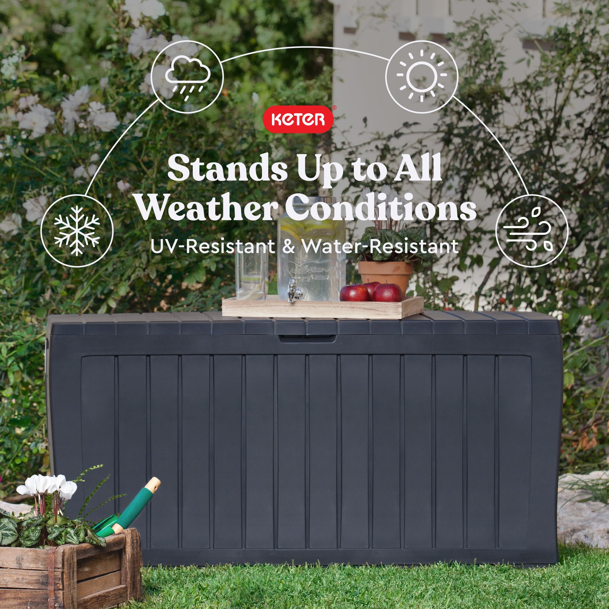 Keter Marvel Plus rollers under base for effortless mobility across patios