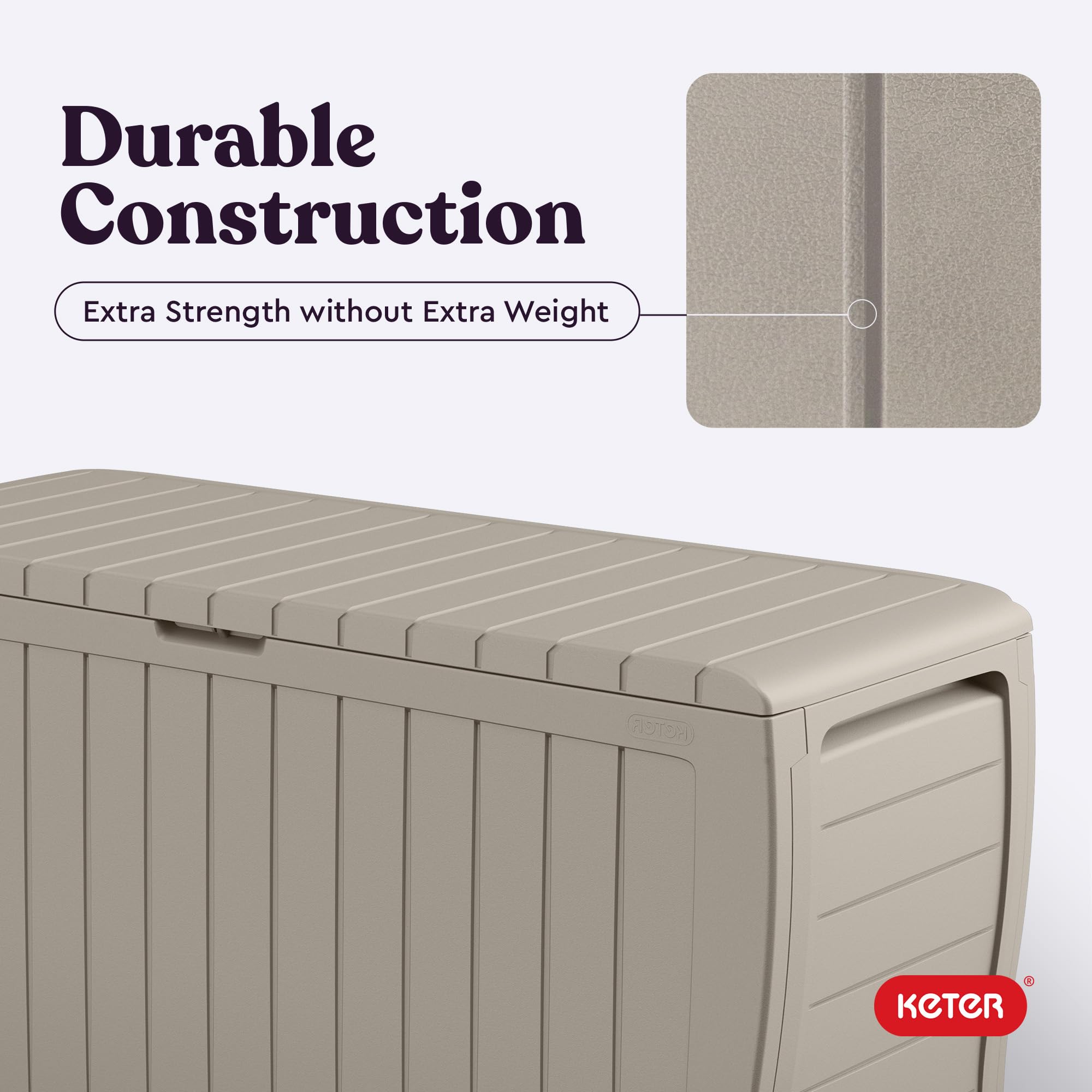 Keter product label showing warranty and material information benefit