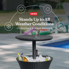 Keter Cool Bar lid elevated and locked to use as a stable cocktail-height table outdoors