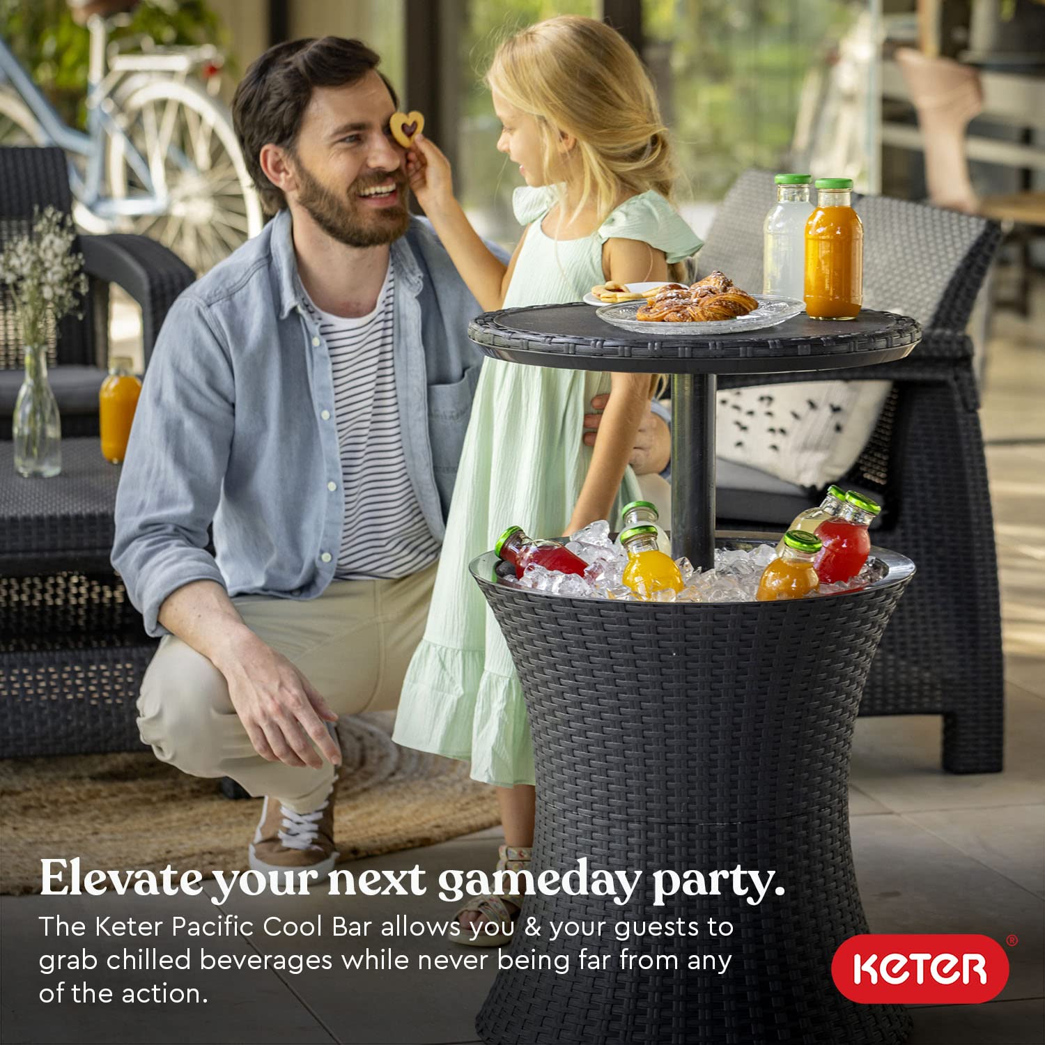 Keter Cool Bar top opened revealing 7.5-gallon cooler keeping beverages organized and cold