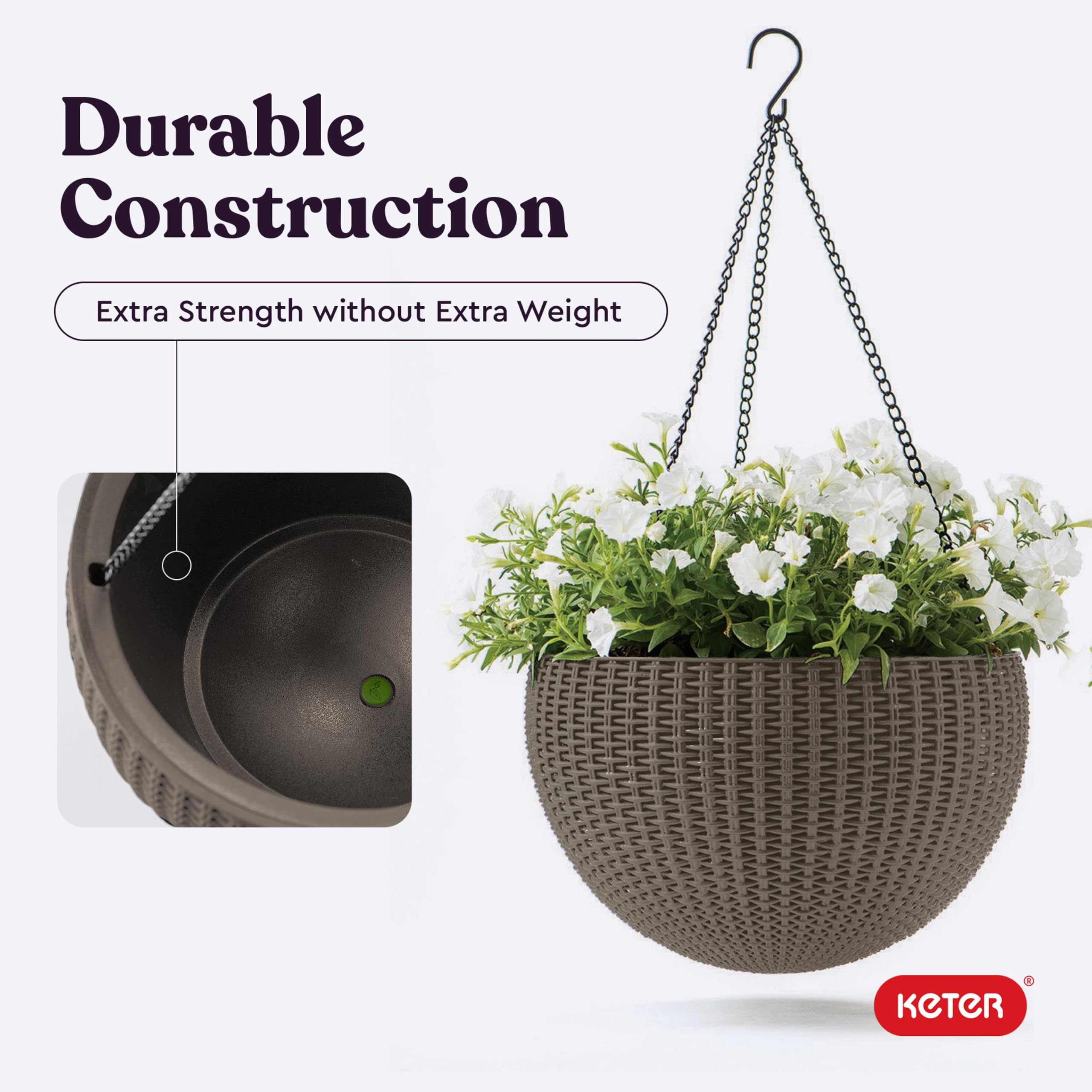 Keter planter filled with trailing plants demonstrating easy decorative use