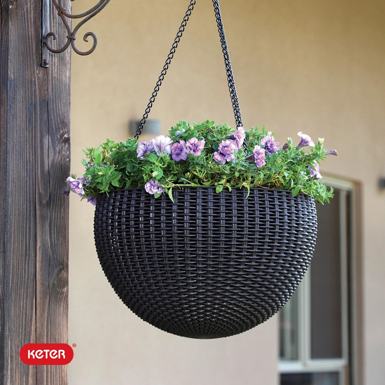 Keter hanging planter with green plant on porch offering instant curb appeal