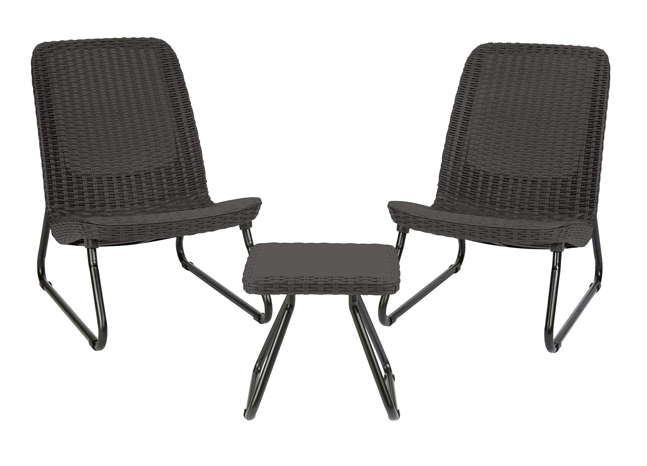 Keter Rio front view showing dark grey bistro set and compact footprint for small patios