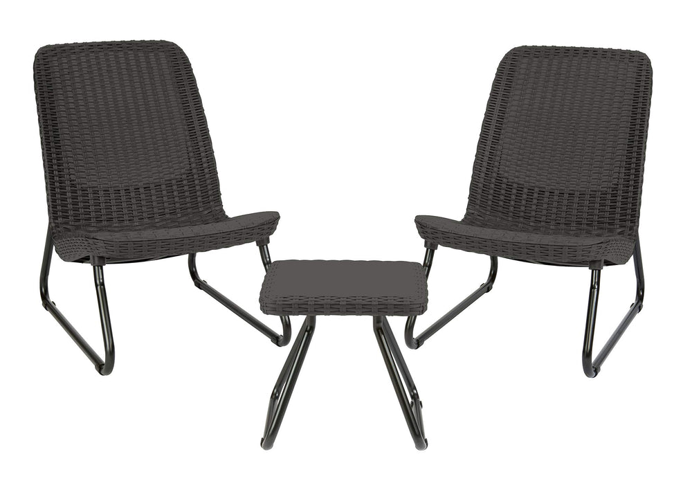 Keter Rio front view showing dark grey bistro set and compact footprint for small patios