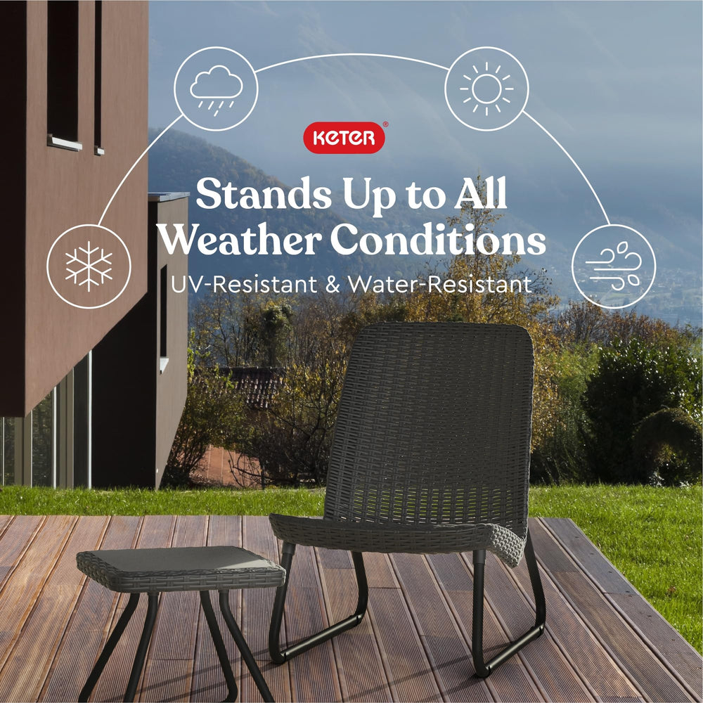 Keter Rio in-use on a patio with two chairs illustrating comfortable outdoor lounging