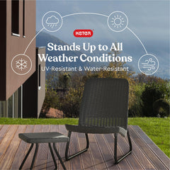 Keter Rio in-use on a patio with two chairs illustrating comfortable outdoor lounging