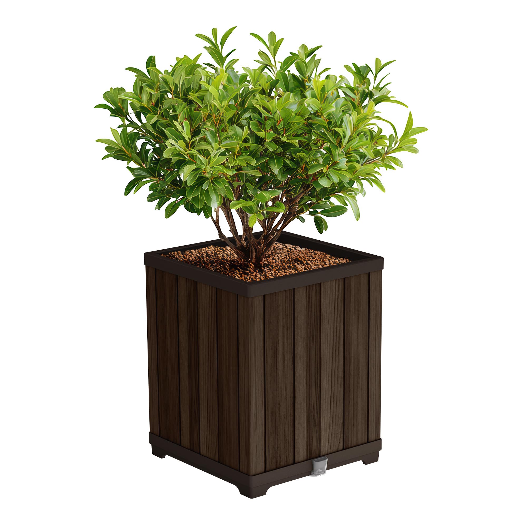 Keter Signature front view rosewood planter showing elegant square shape and curb appeal