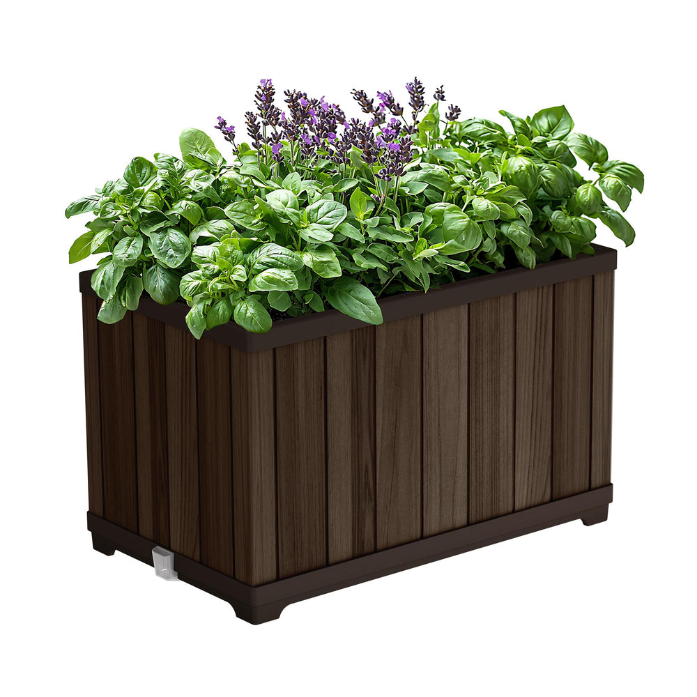 Keter planter front view showing rosewood finish and elegant curb appeal