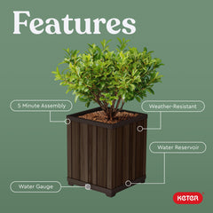 Keter Signature reservoir and drainage cup demonstrating water management benefit