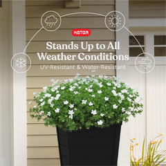 Keter planters with dimension overlay illustrating 22.4 inch height and 12.4 gallon capacity