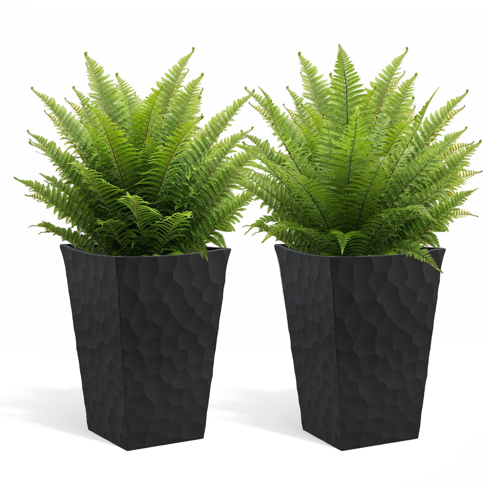 Keter front view of tall graphite planter showing sculpted stone look and curb appeal