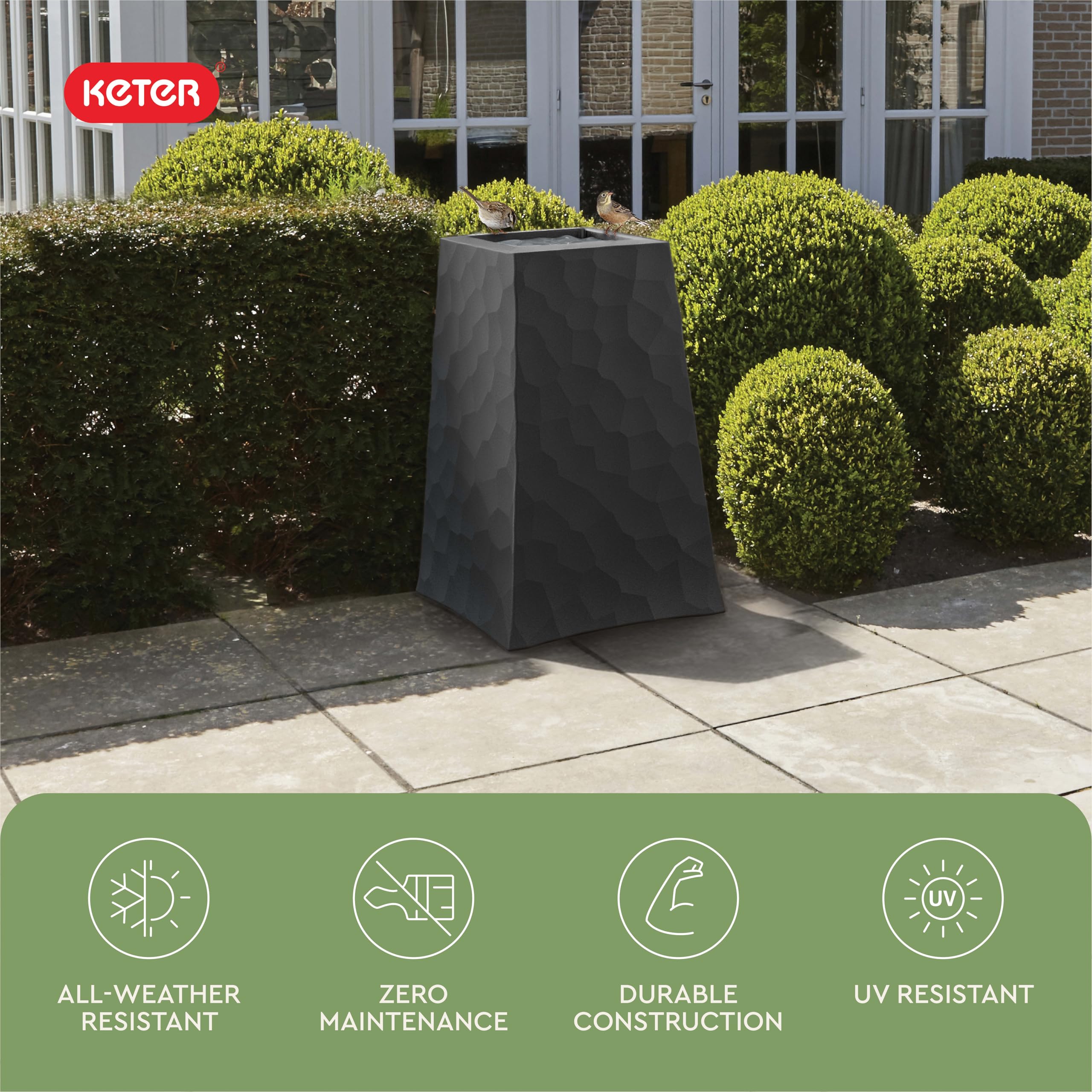 Keter boxed planter showing no assembly required for quick setup benefit