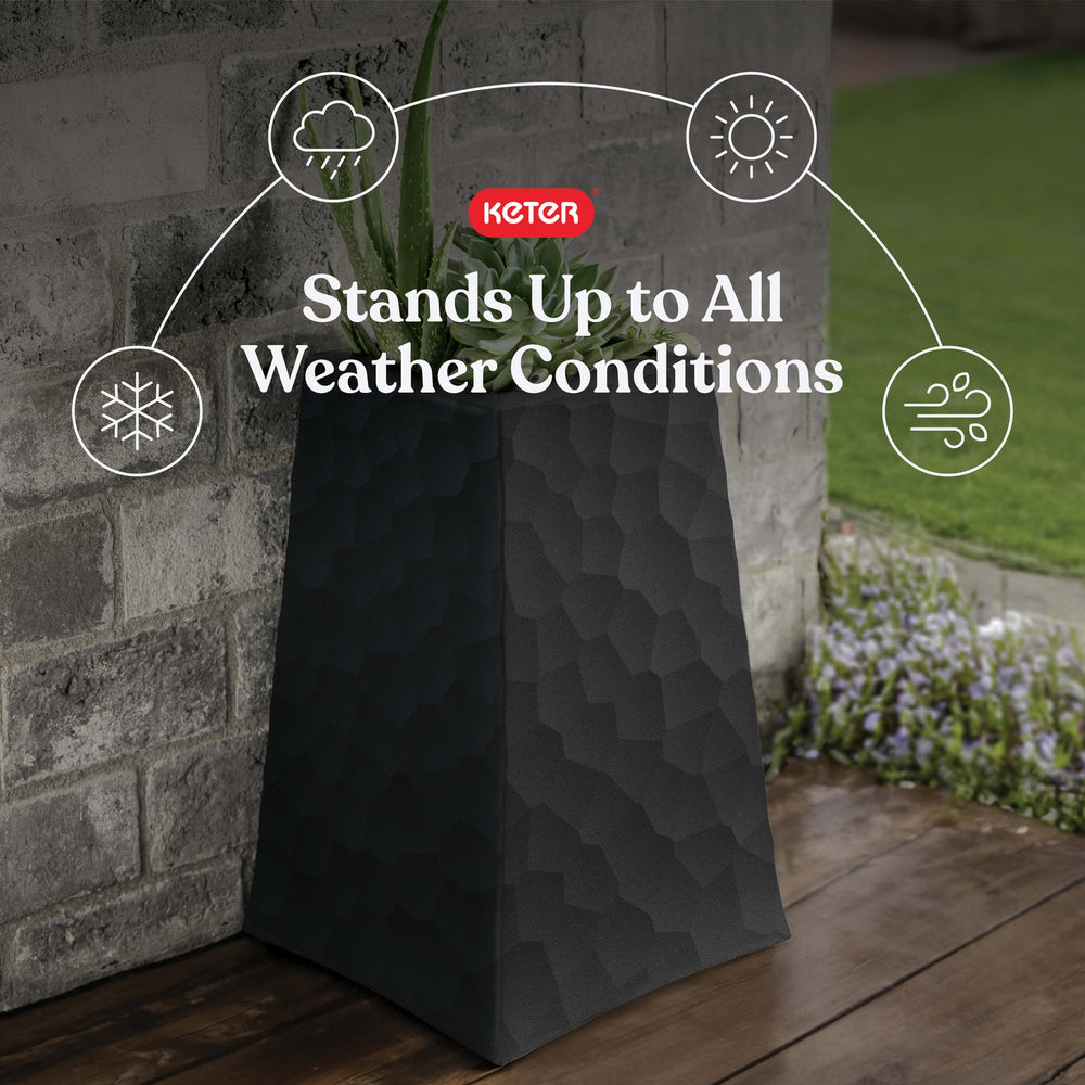 Keter side profile of tapered planter demonstrating slim footprint and vertical presence