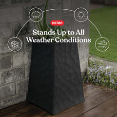 Keter side profile of tapered planter demonstrating slim footprint and vertical presence