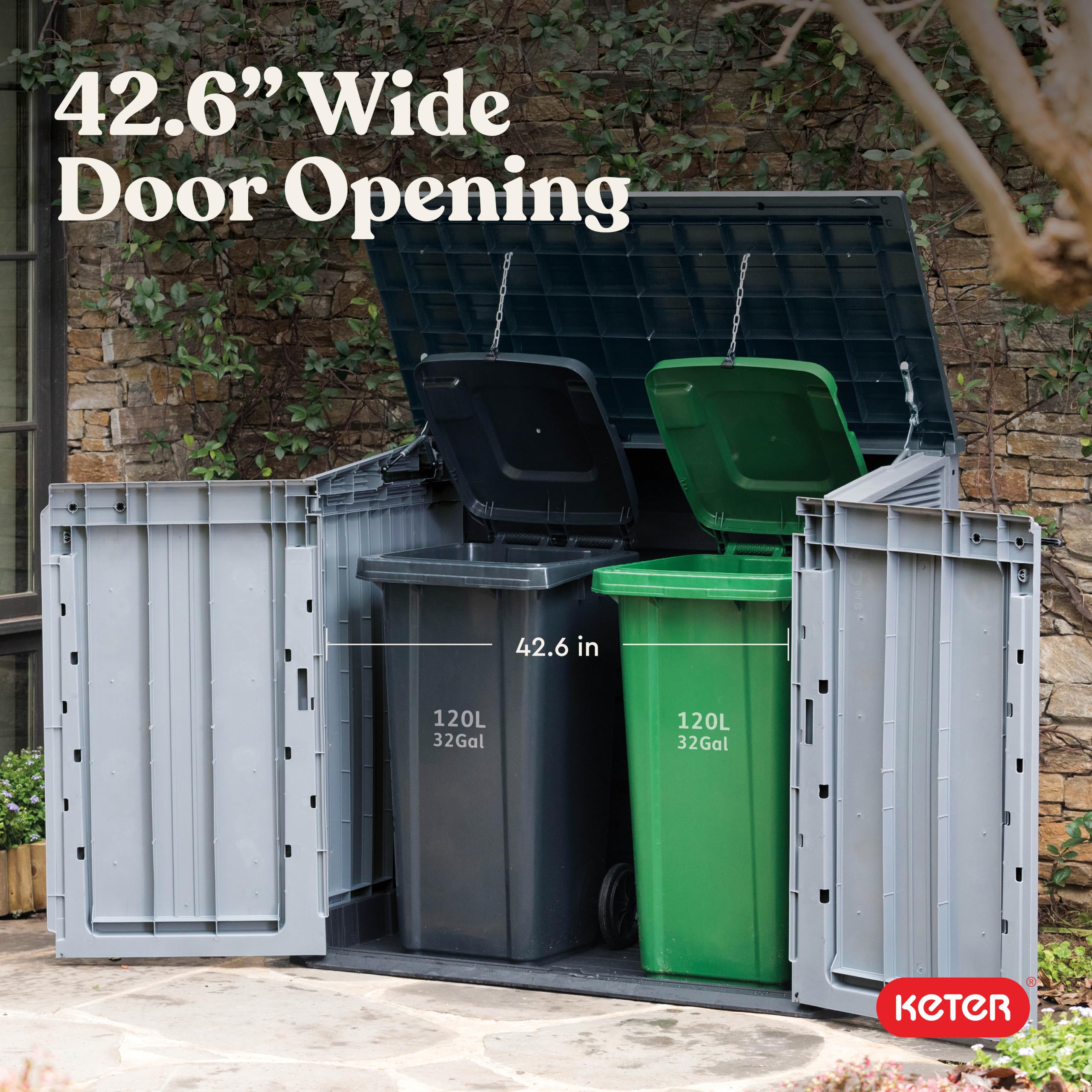 Keter bin-opening kit attached demonstrating hands-free trash lid lifting