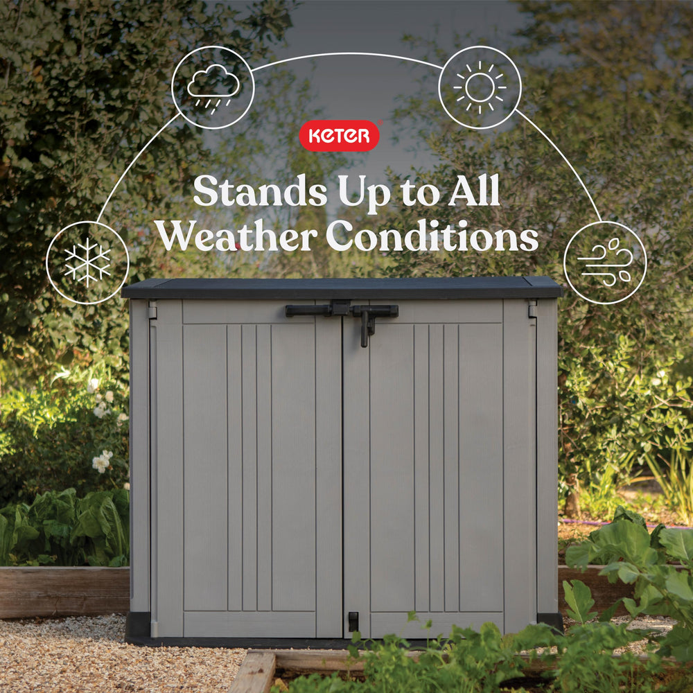 Keter double front doors open to show wide entry and quick item retrieval