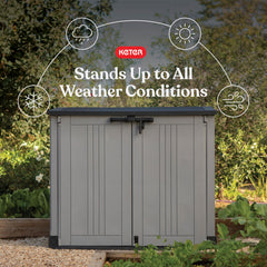 Keter double front doors open to show wide entry and quick item retrieval