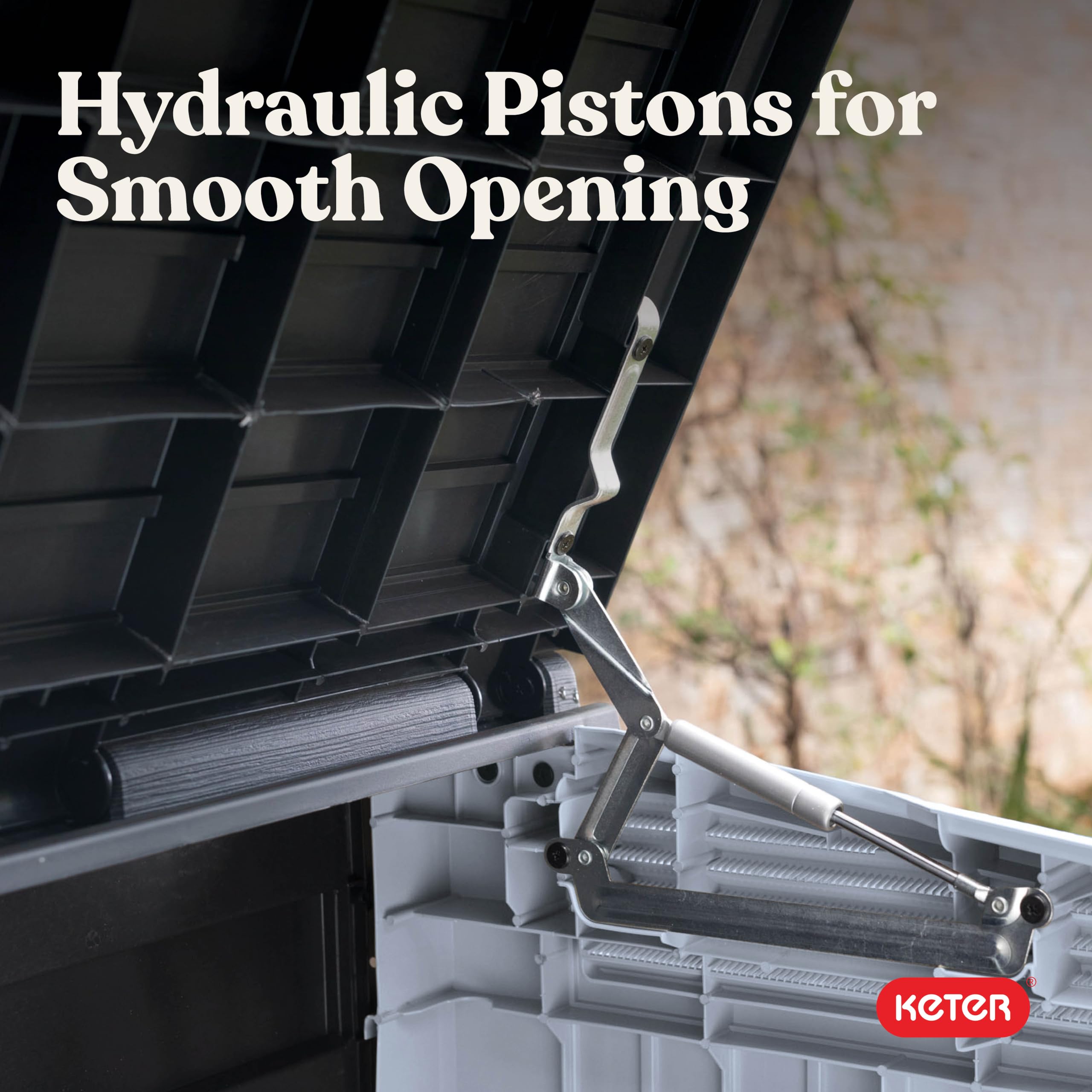 Keter hydraulic piston close-up highlighting effortless lid support and safety