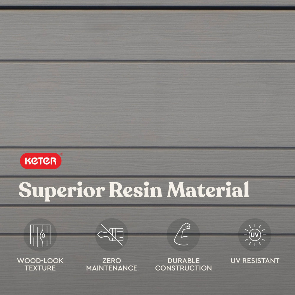 Keter wood-look texture detail showing weather-resistant, low-maintenance finish