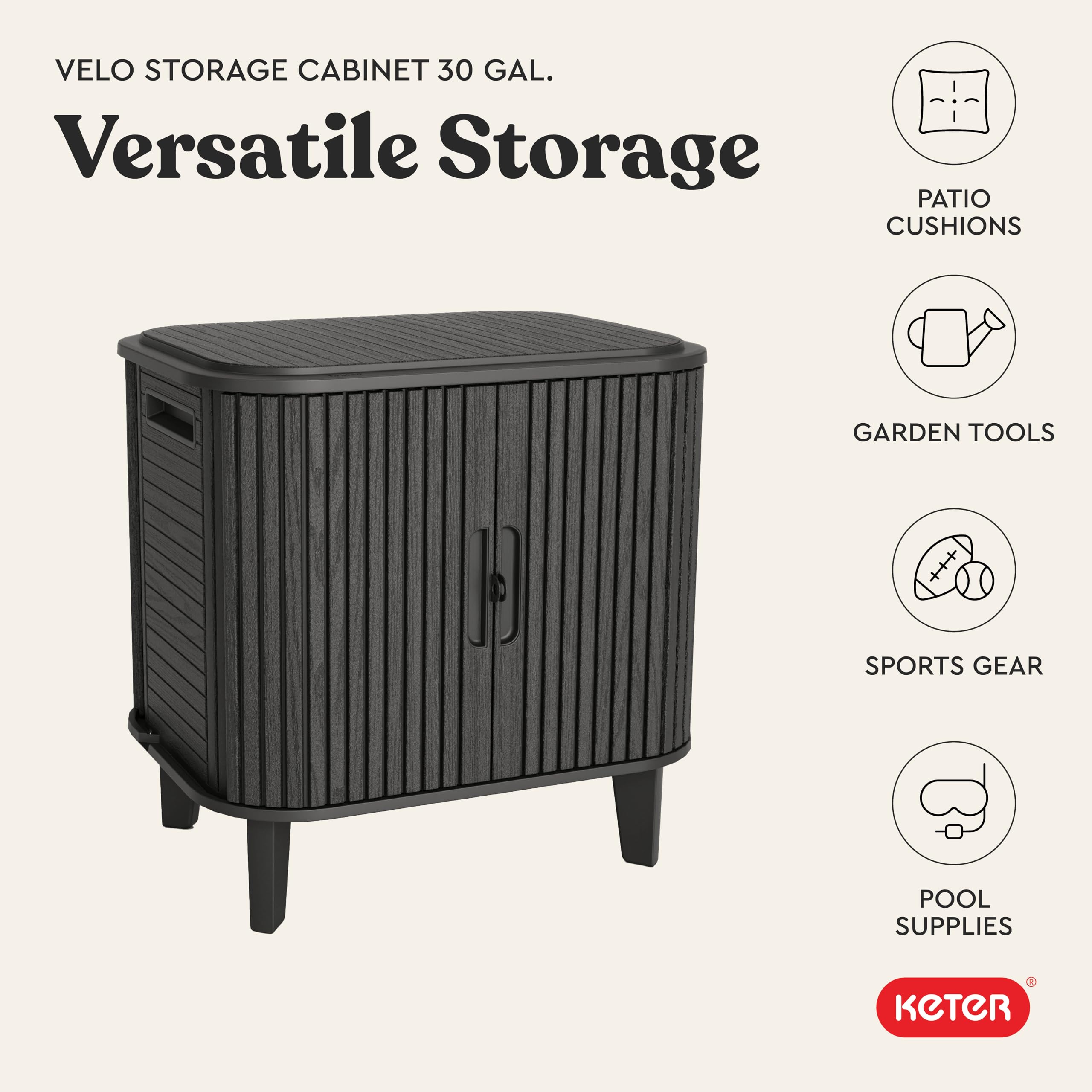 Keter Velo beside a patio cushion to illustrate 30-gallon size and capacity