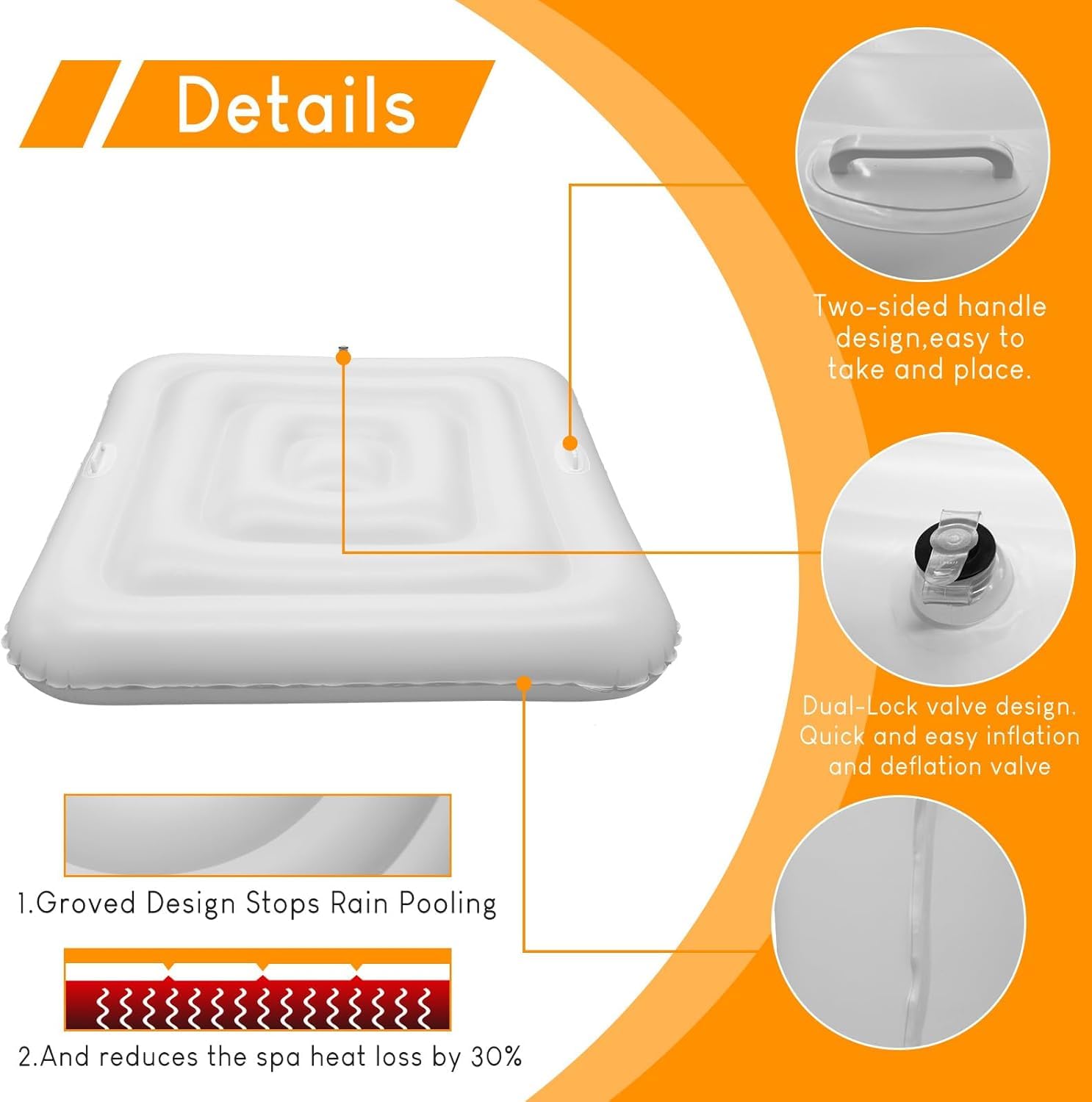 Ketofa cover installed on a square spa outdoors keeping debris out and warmth in