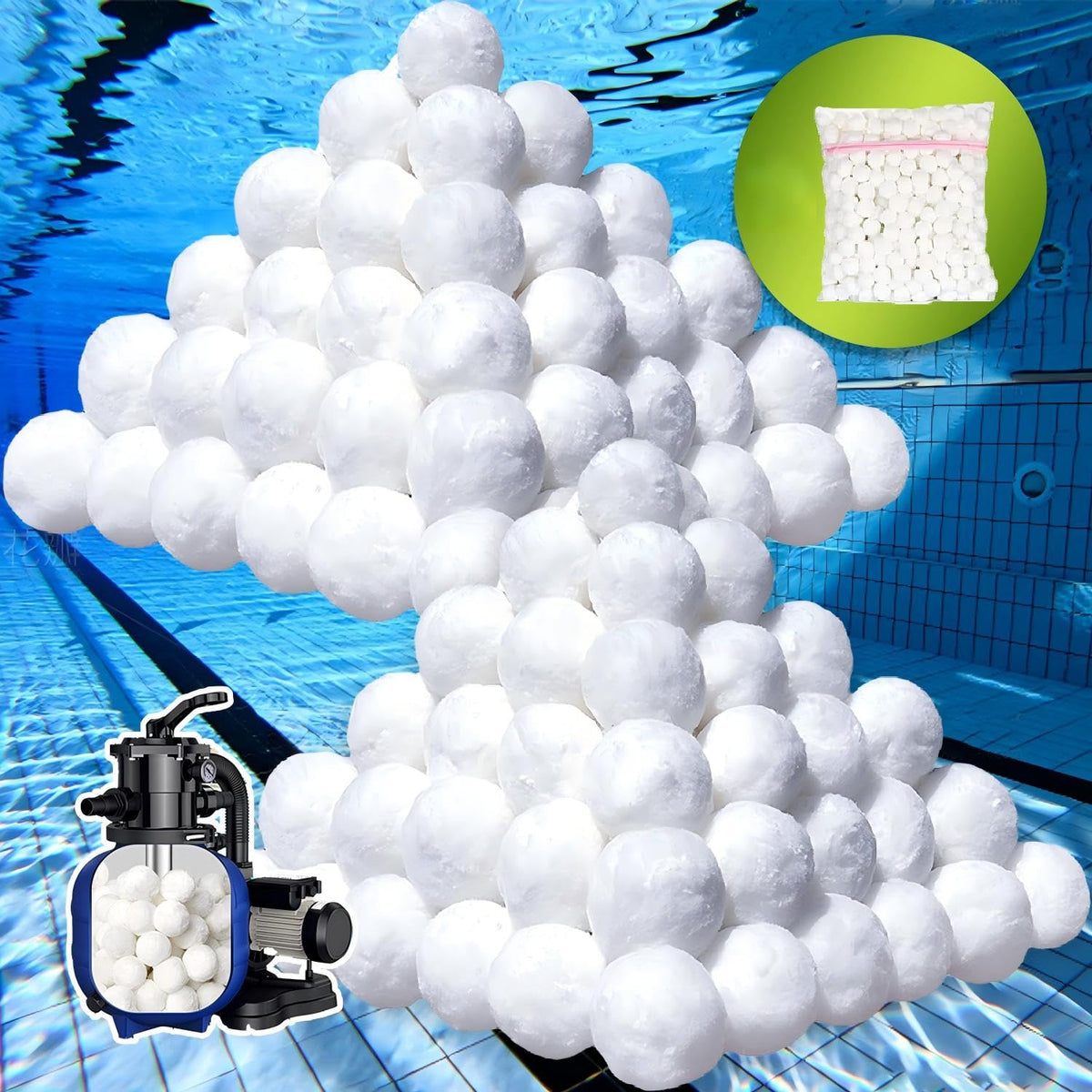 Kevsuvqin front packaging showing the 5 lb filter balls and included wash bag for easy replacement