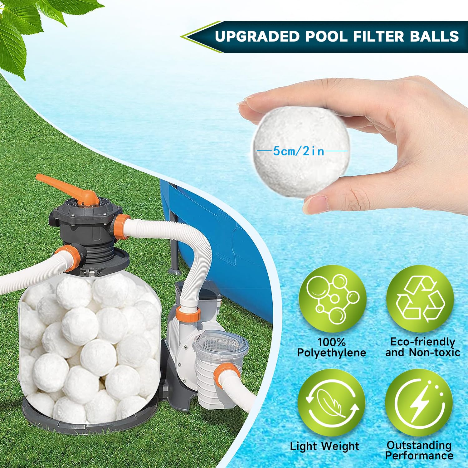 Kevsuvqin balls installed in a pool filter tank demonstrating easier handling versus sand