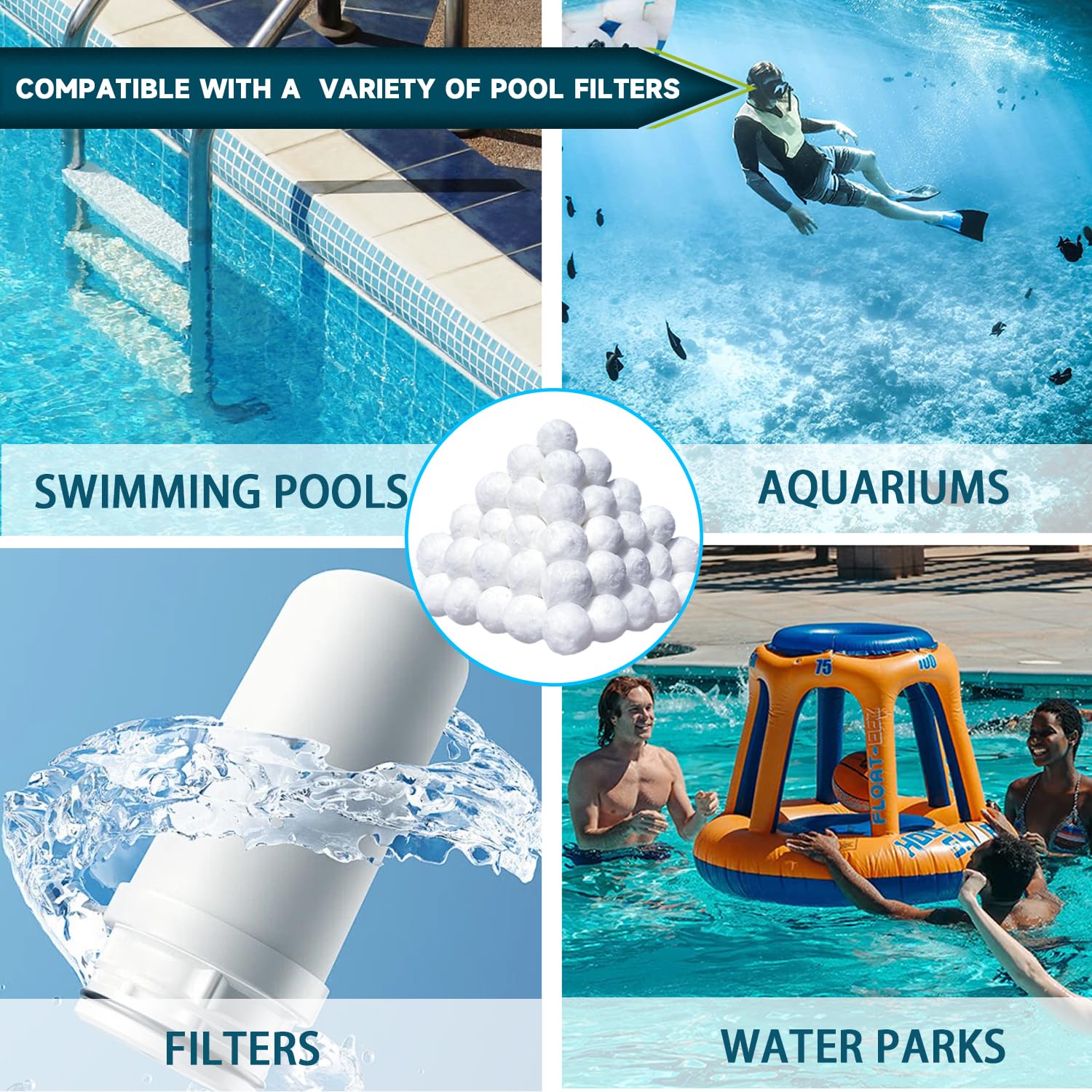 Kevsuvqin filter balls in a backyard pool setup showing clearer water and reduced maintenance
