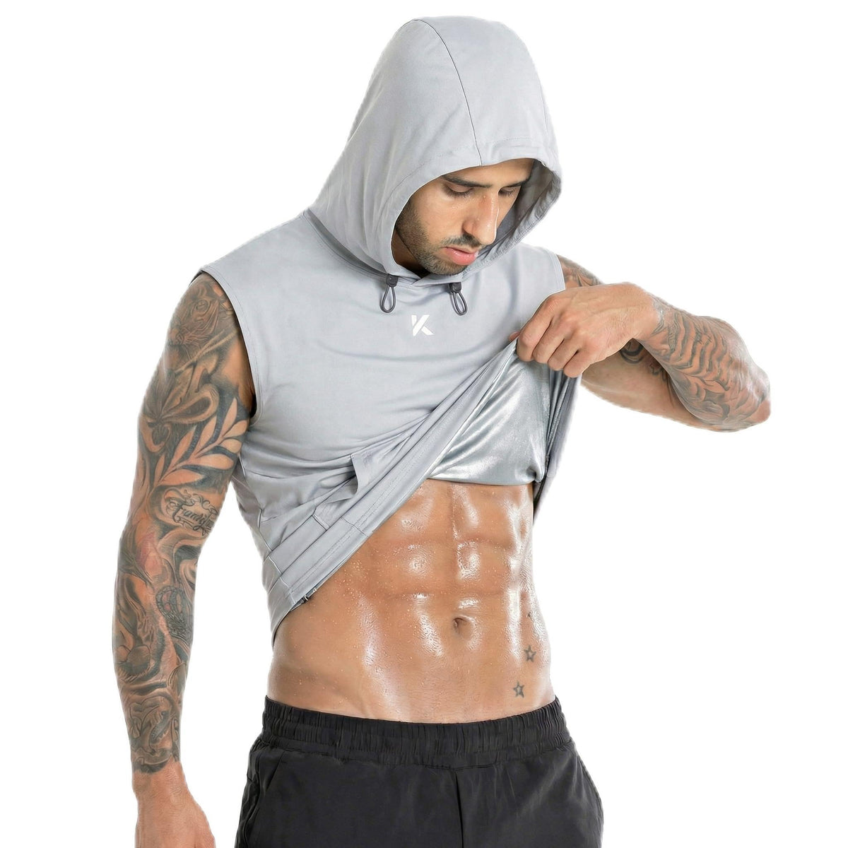 Kewlioo hooded sauna shirt front view showing athletic fit and heat retention