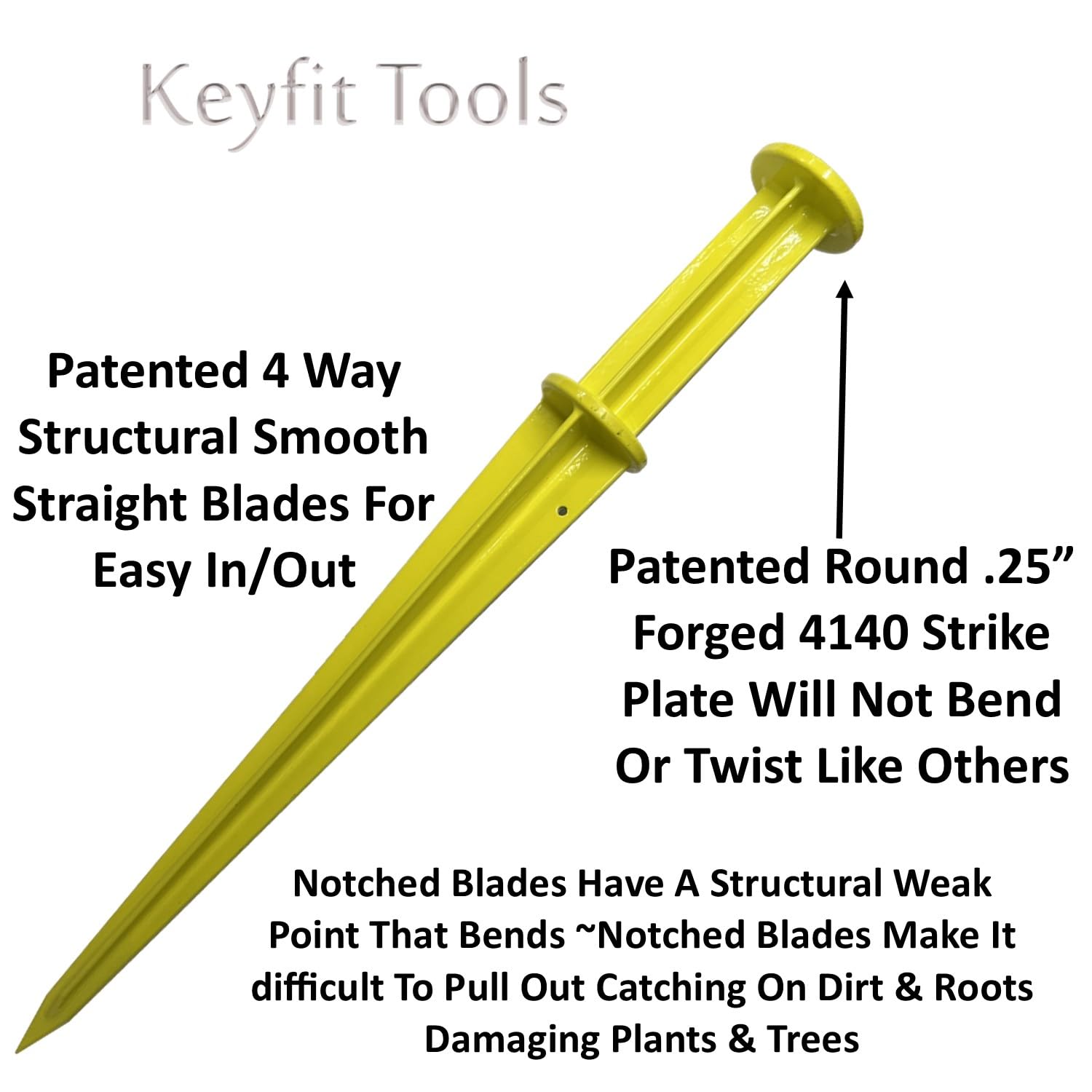 Keyfit Tools blade close-up highlighting smooth four-way blades for easy removal and less root damage