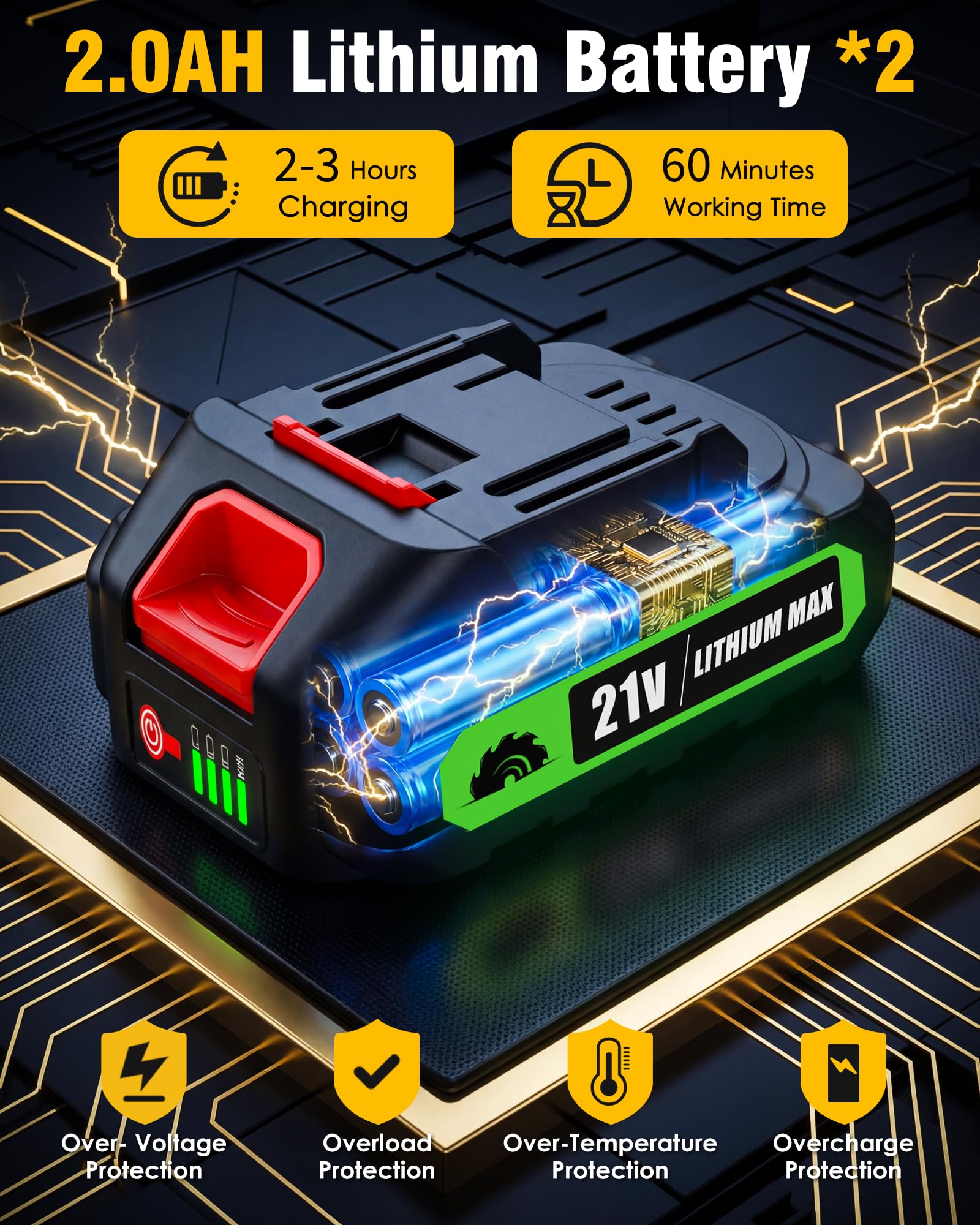 KFM batteries and charger displayed together for extended runtime and quick recharging