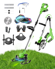 KFM front view of cordless weed wacker showing controls and balanced handle for comfortable use