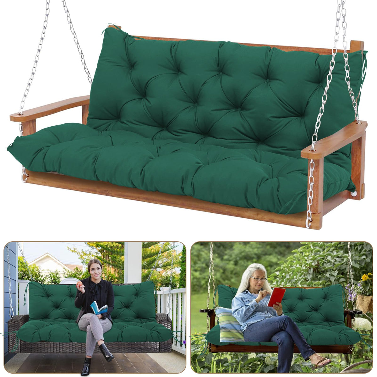 KGOSAUO front view of dark green 3-seater swing cushion showing full coverage and neat seams for comfort