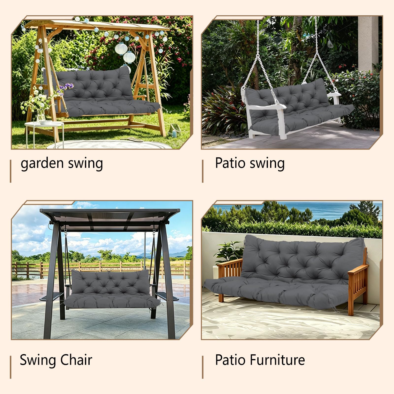 KGOSAUO mounted on a porch swing demonstrating fit and comfort for three people in a relaxed patio scene
