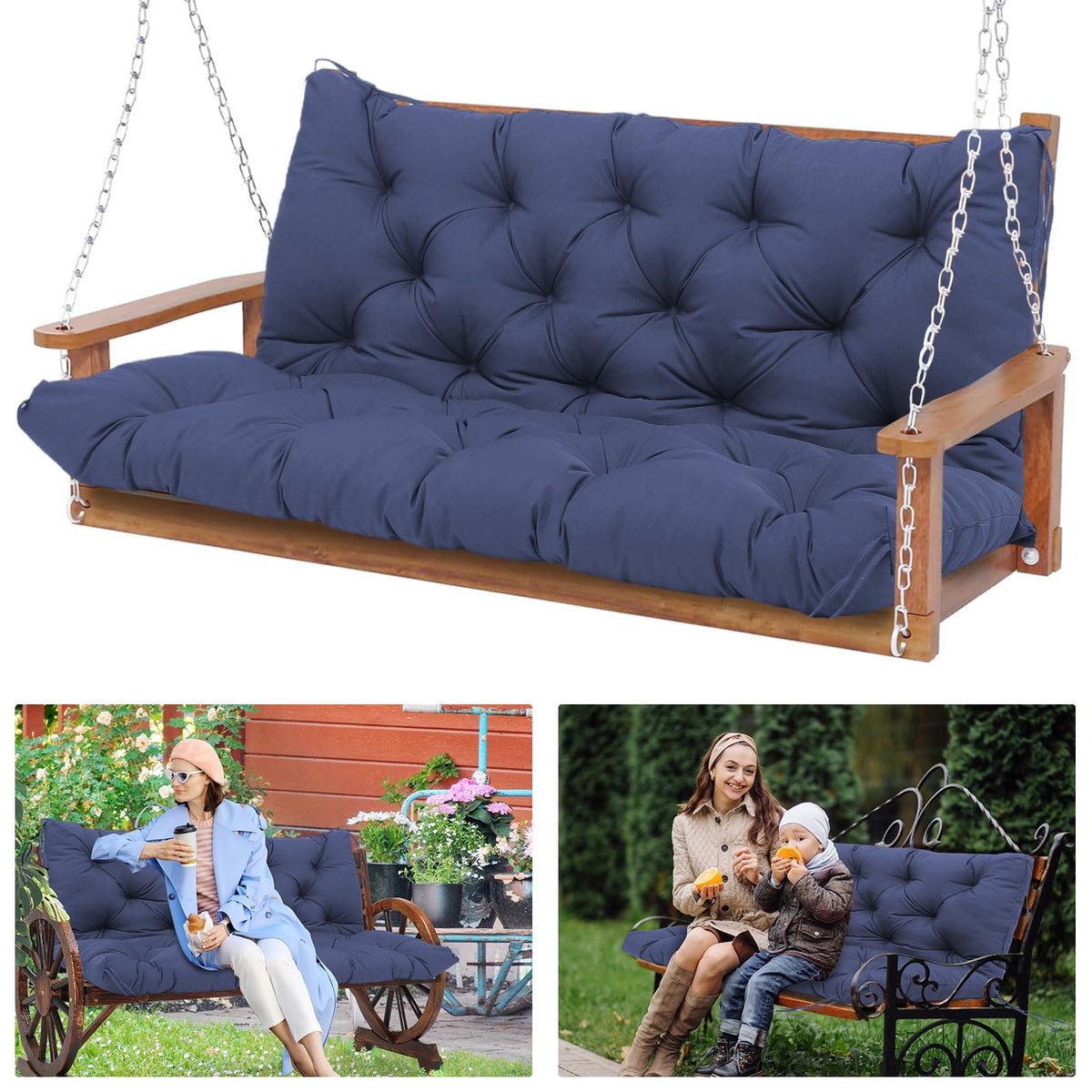 KGOSAUO front view of navy porch swing cushion showing full coverage and inviting comfort