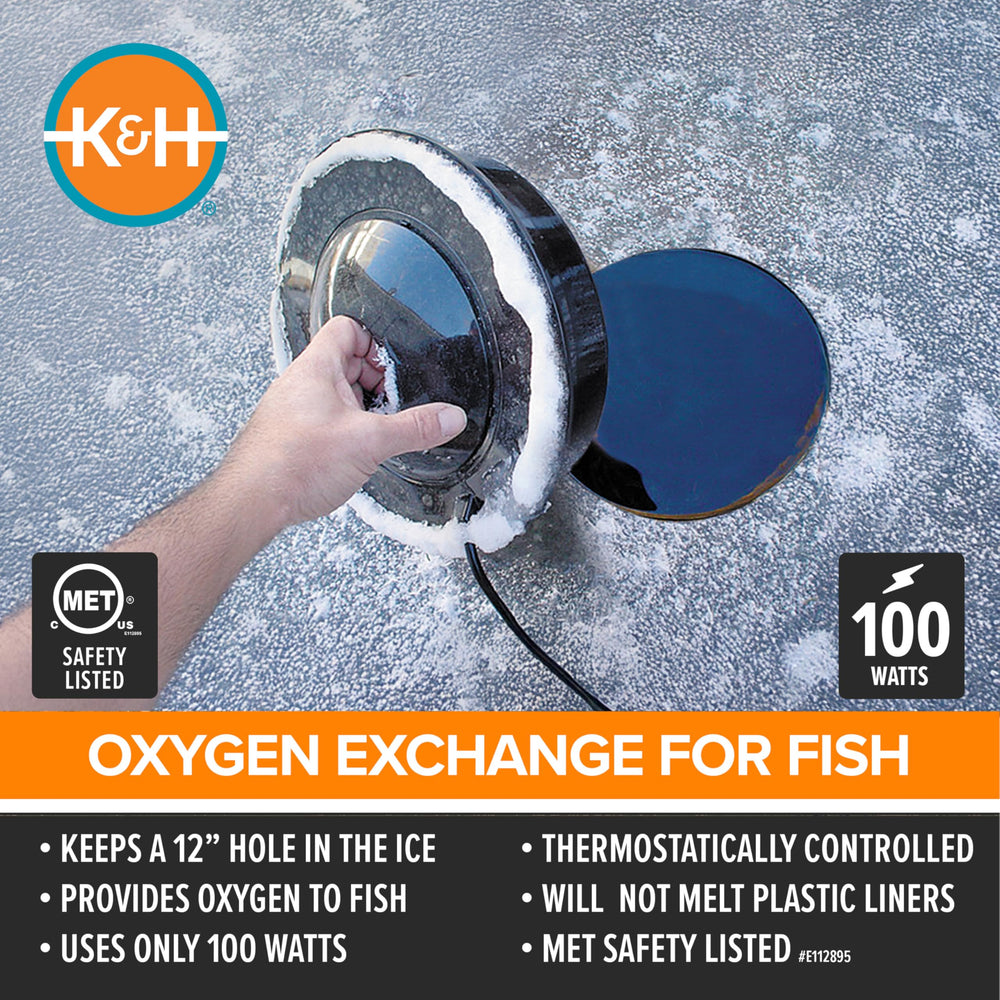 K&H Thermo-Pond floating in pond keeping opening in ice to help fish survive