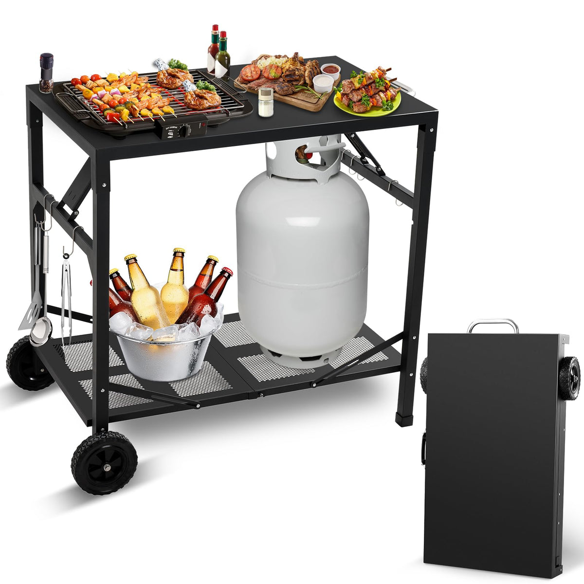 KHAMAL grill cart front view showing stable two-tier workspace benefit