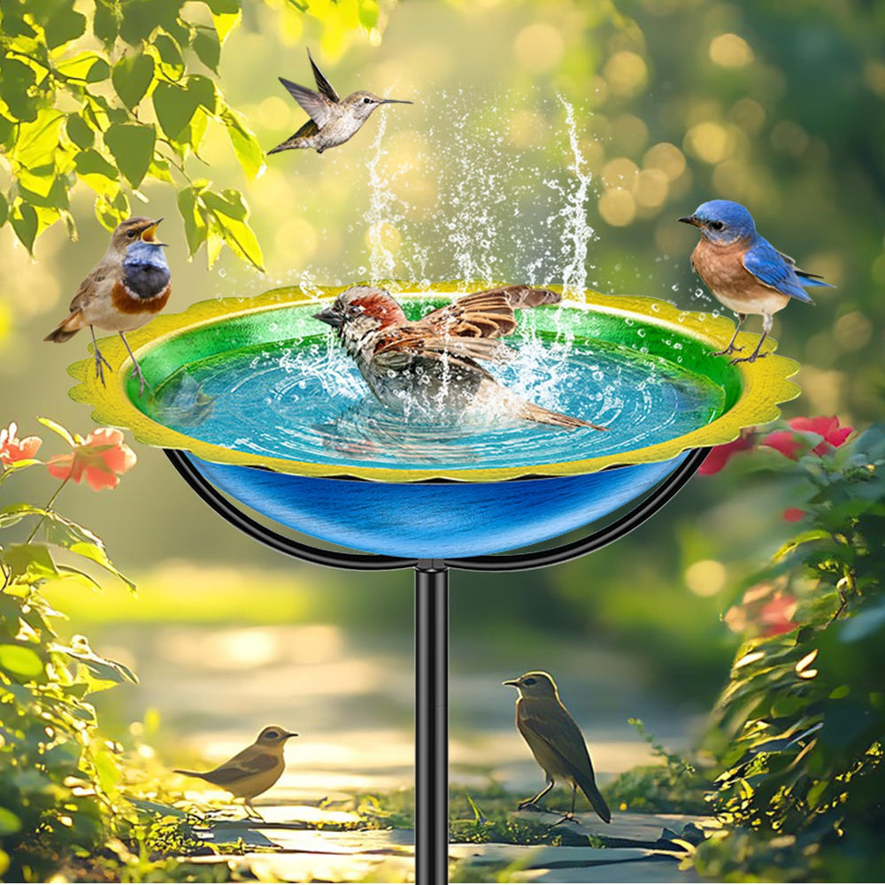 KHayRovies front view of colorful bird bath showing bowl and stake benefits bird visibility