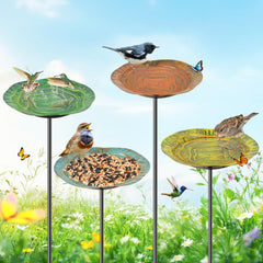 KHayRovies front view of four colored bird baths showing decorative appeal and bird attraction
