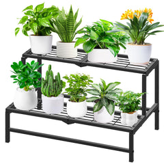 KHayRovies front view of plant stand showing stable two-tier display and neat organization